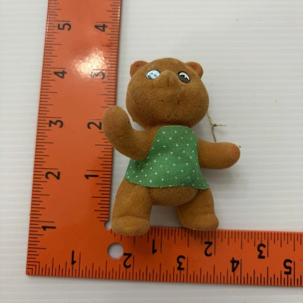 Vintage Flocked Bear Christmas Ornament Green Shirt 70s 80s